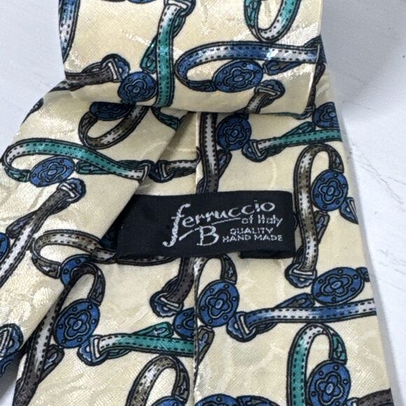 - Ferruccio Vintage Hand Made Italian Necktie Cream Blue Green Gray - Picture 6 of 7